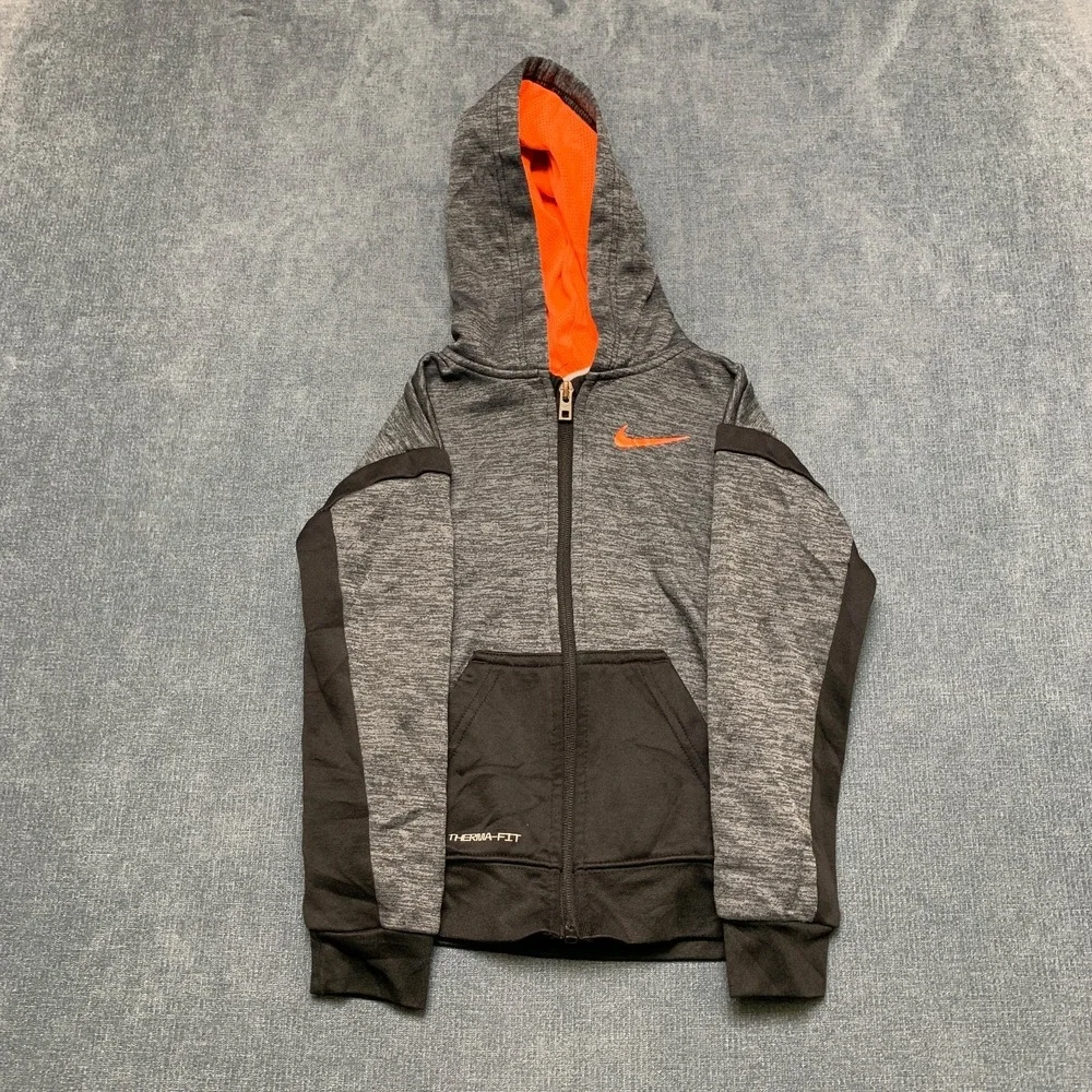 Nike Therma Fit Hoodie Boys 4T Heather Gray Black Swoosh Logo Athletic Full Zip